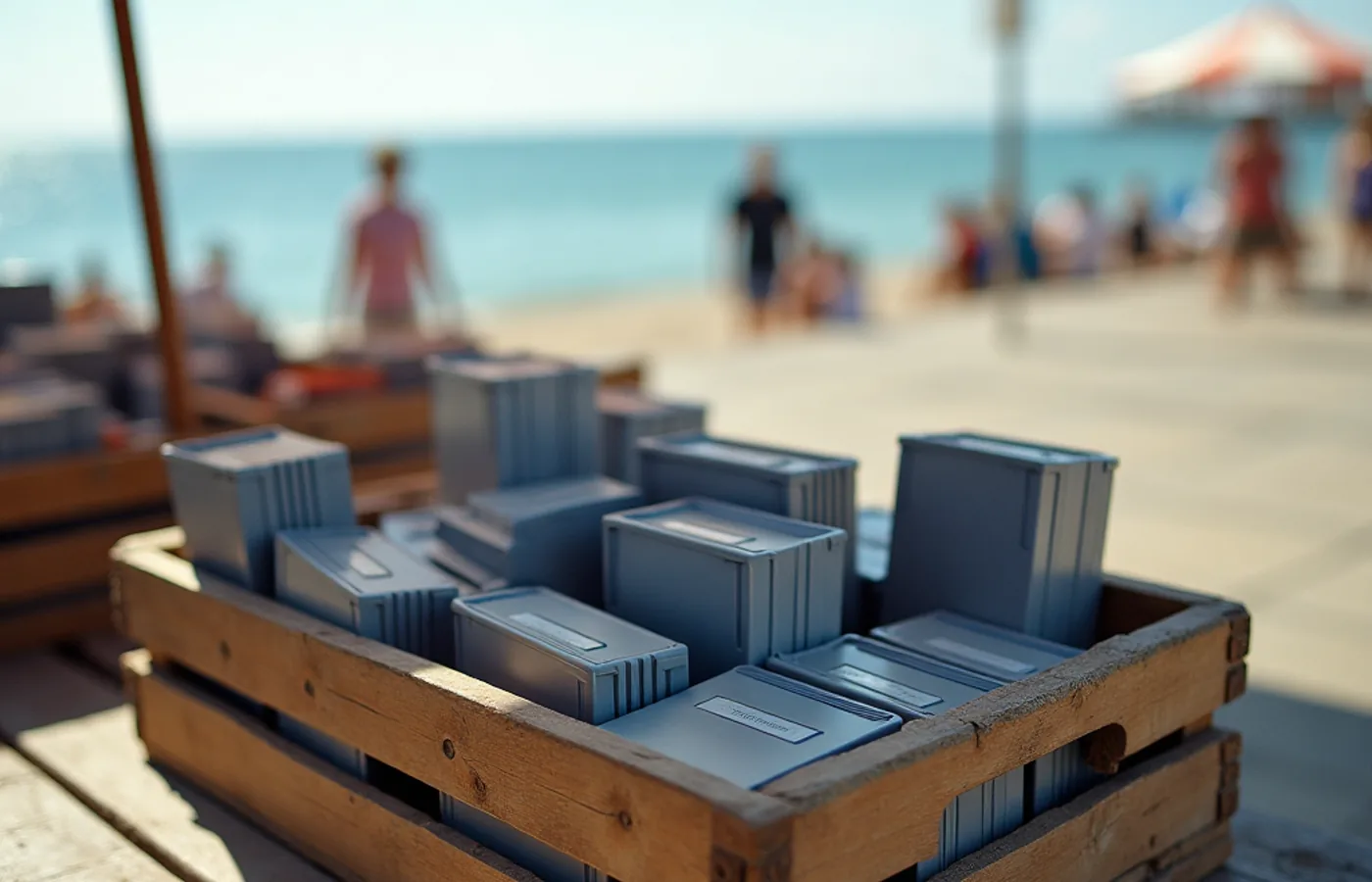 Cartouches de jeu rangées dans une caisse en bois, la plage et la mer en arrière-plan