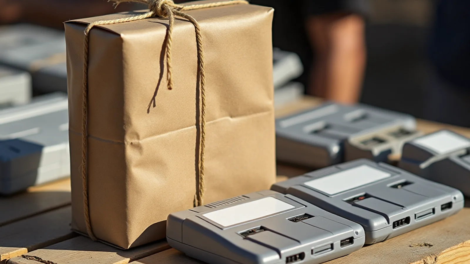 Petit colis en papier kraft ficelé, posé à côté de quelques cartouches de jeu grises